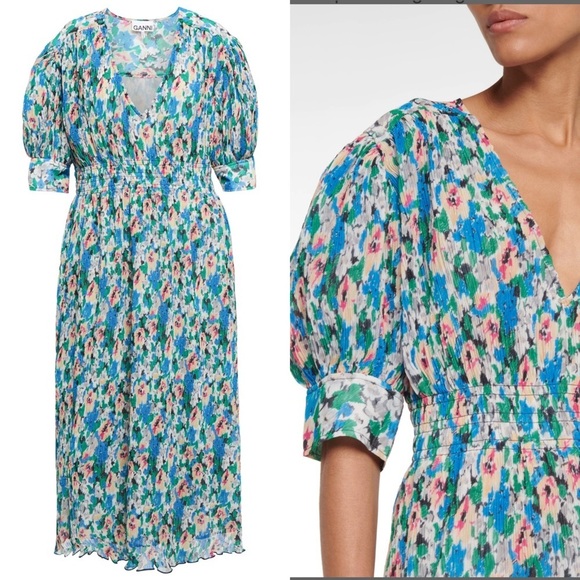 GANNI floral-print pleated Smocked Plissé Georgette midi dress - Picture 3 of 12